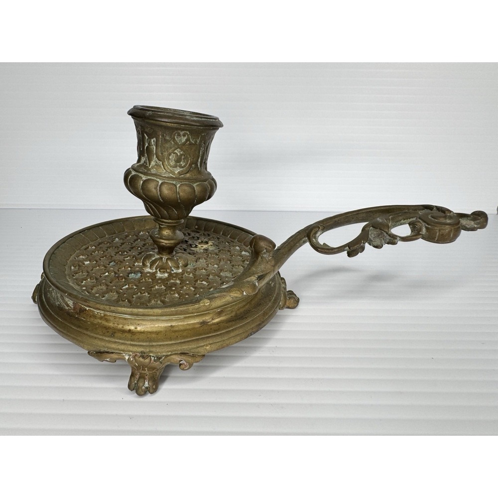 Antique Brass Chamberstick Candle Holder Ornate Scroll Handle Footed 10.5"